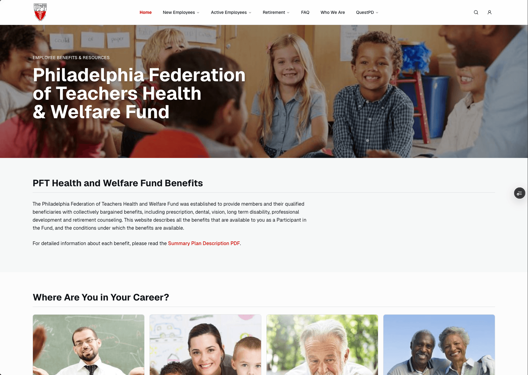 PFT Health & Welfare Fund homepage with the benefits overview and member navigation