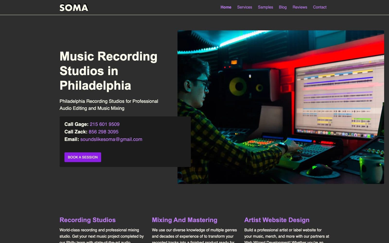 Sounds Like Soma home page headed Music Recording Studios in Philadelphia, with a studio photo and a Book a Session button