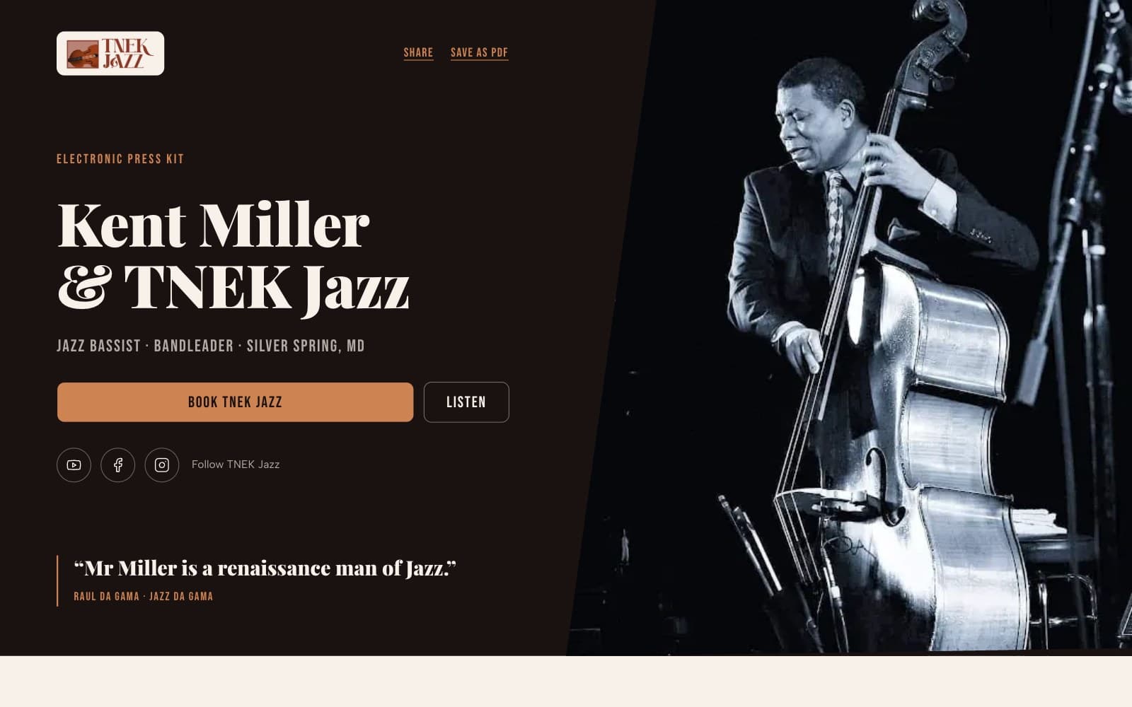 TNEK Jazz press kit home page: Kent Miller with his double bass, the band name, and Book TNEK Jazz and Listen buttons